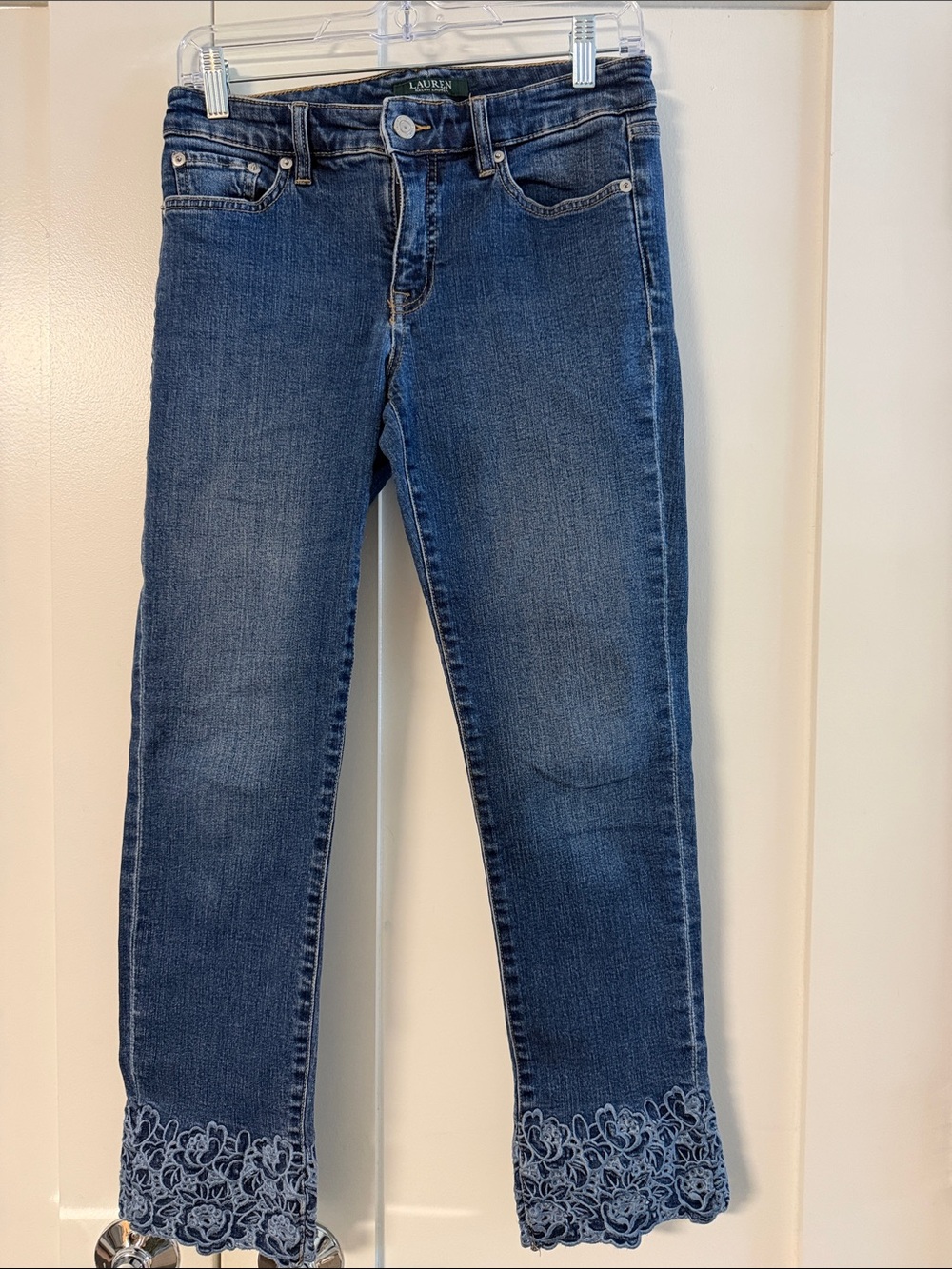 Lauren Ralph Lauren Dark Blue Cropped Jeans with Embroidered Scallop Hem